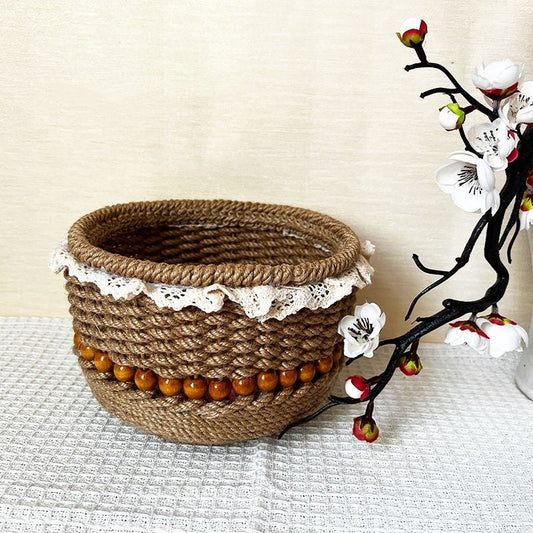 Eco-Friendly Jute Decorative Basket with Lace Trim