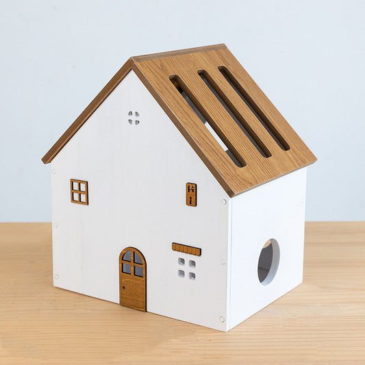 Eco-Friendly House-Shaped Tissue Box Cover with Natural Wood Accents
