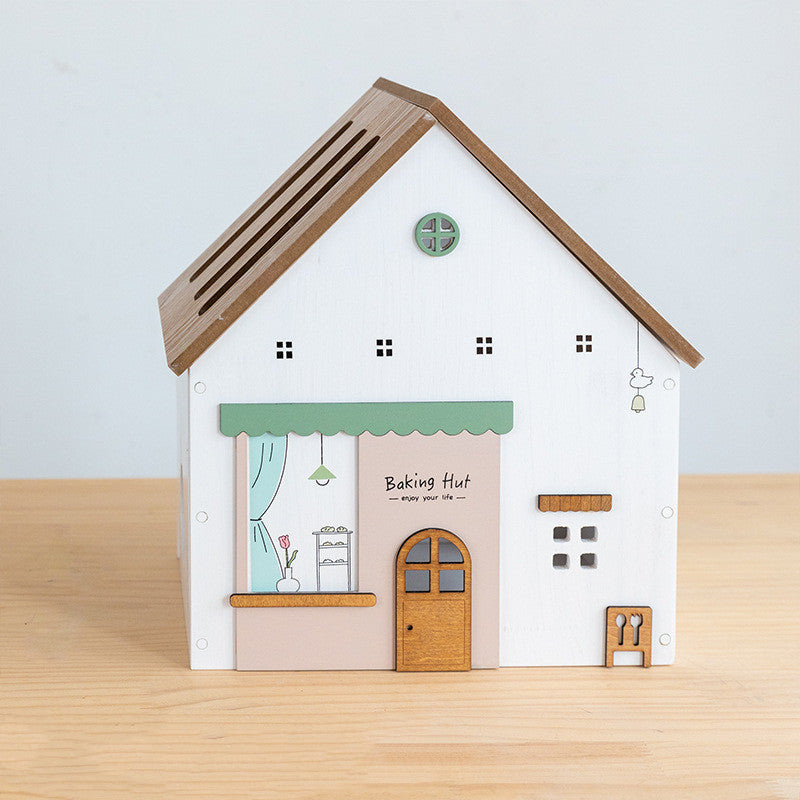 Eco-Friendly House-Shaped Tissue Box Cover with Natural Wood Accents