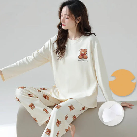 Cream Bear Print Pajama Set for Sustainable Comfort