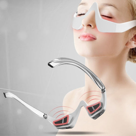 White and transparent eye massager glasses for relaxation and wellness