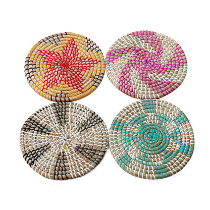 Eco-Friendly Woven Natural Fiber Coasters - Multicolored Round Design