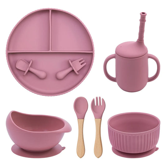 Eco-Friendly Pink Children's Dinnerware Set with Silicone and Wood
