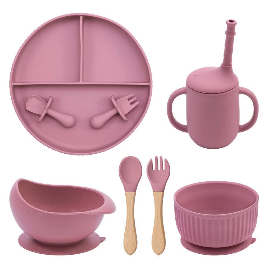 Eco-Friendly Pink Children's Dinnerware Set - Silicone & Wood