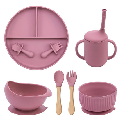Eco-Friendly Pink Children's Dinnerware Set - Silicone & Wood