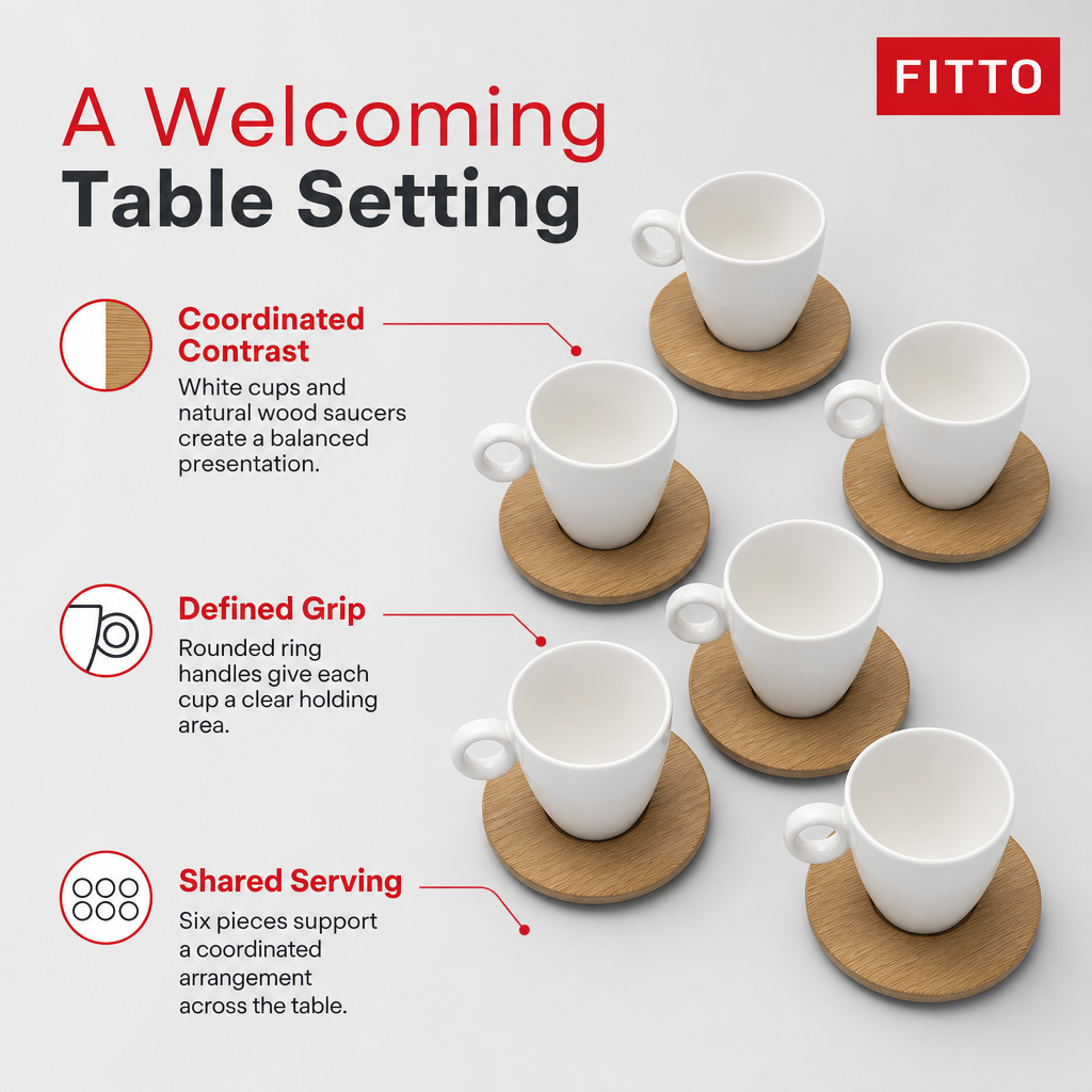 60 Pieces Ceramic Tea and Coffee Cups with Round Ring Handles and Wooden Saucers, White and Natural Wood, 6 Pieces