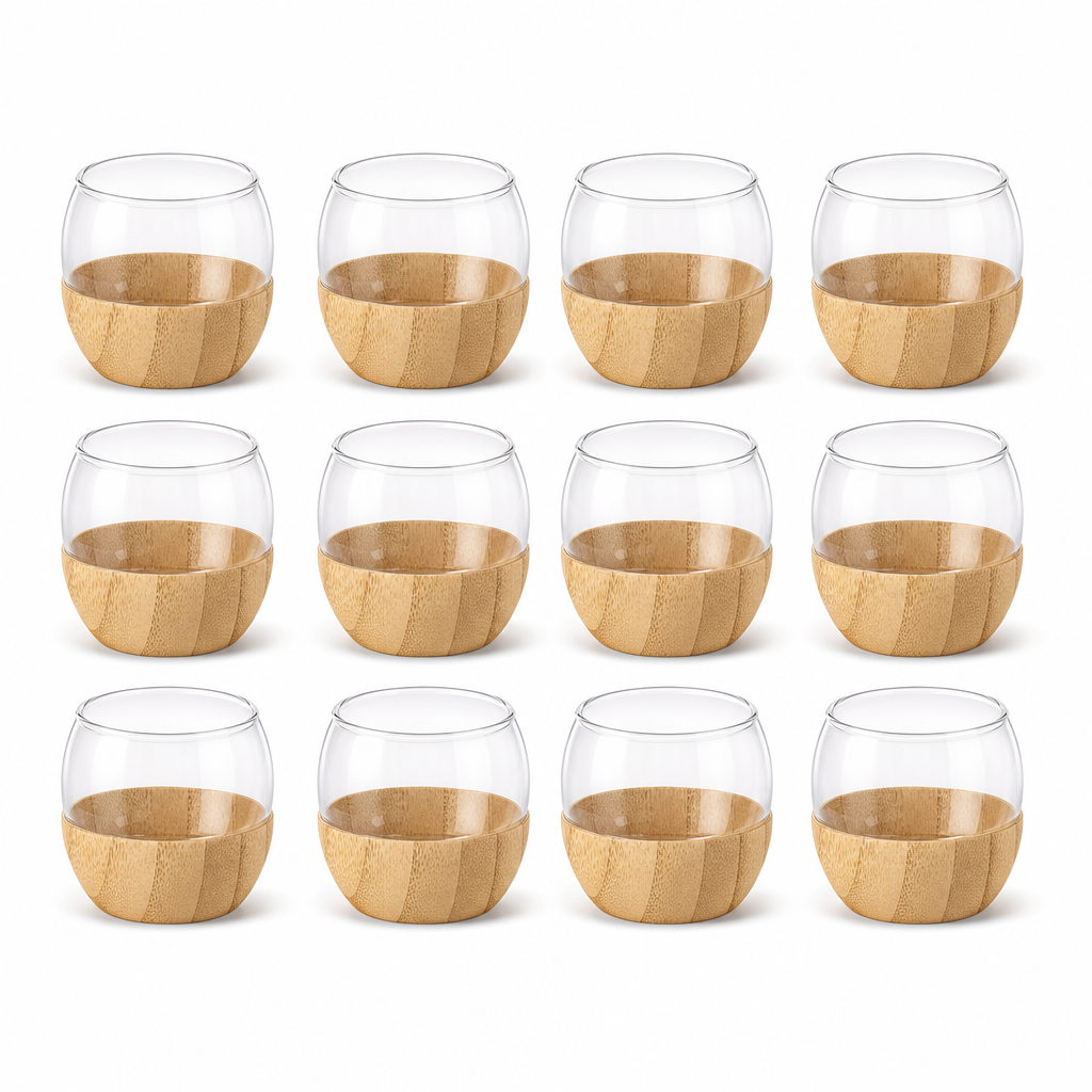 48 Pieces Glass Tea Cup Set with Wooden Sleeves, Clear and Natural Wood, 12 Pieces