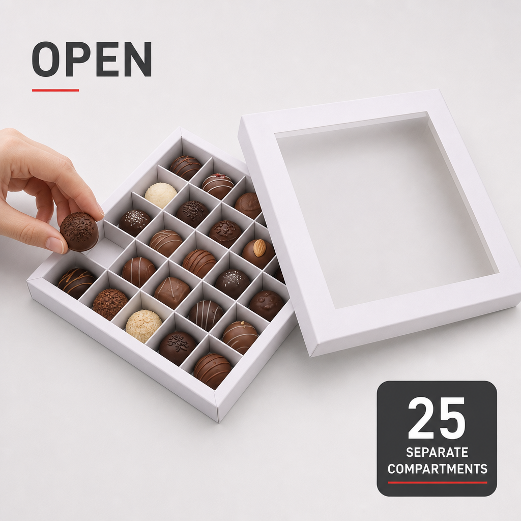 120 Pieces Chocolate Box with 25 Compartments, White Square Confectionery Box, 23.5 x 23.5 x 4 cm