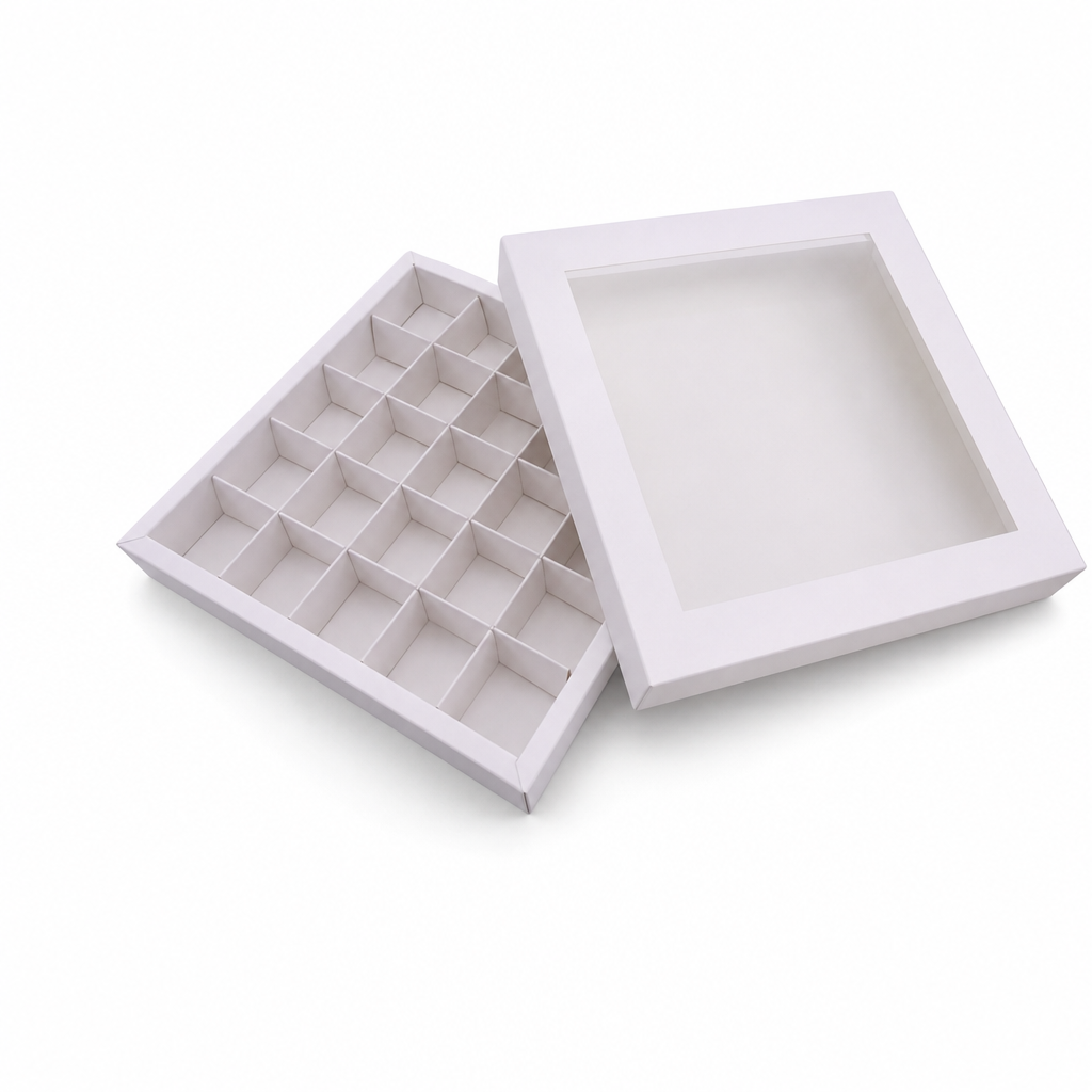 120 Pieces Chocolate Box with 25 Compartments, White Square Confectionery Box, 23.5 x 23.5 x 4 cm