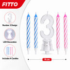 144 Pieces LED Happy Birthday Number 3 Cake Candle Set with 4 Candles, 9 cm, Multicolor