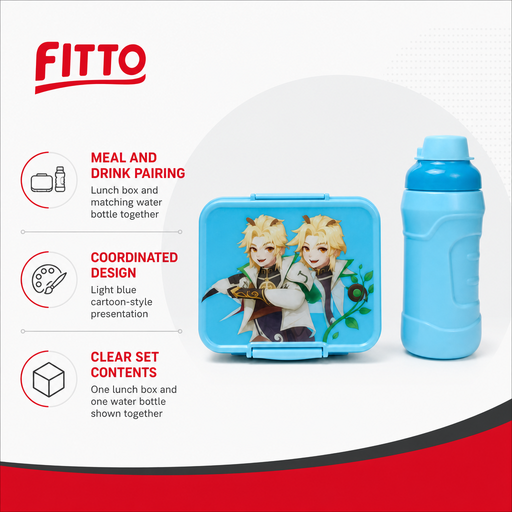 96 Pieces Lunch Box and Water Bottle Set, Light Blue Cartoon Design