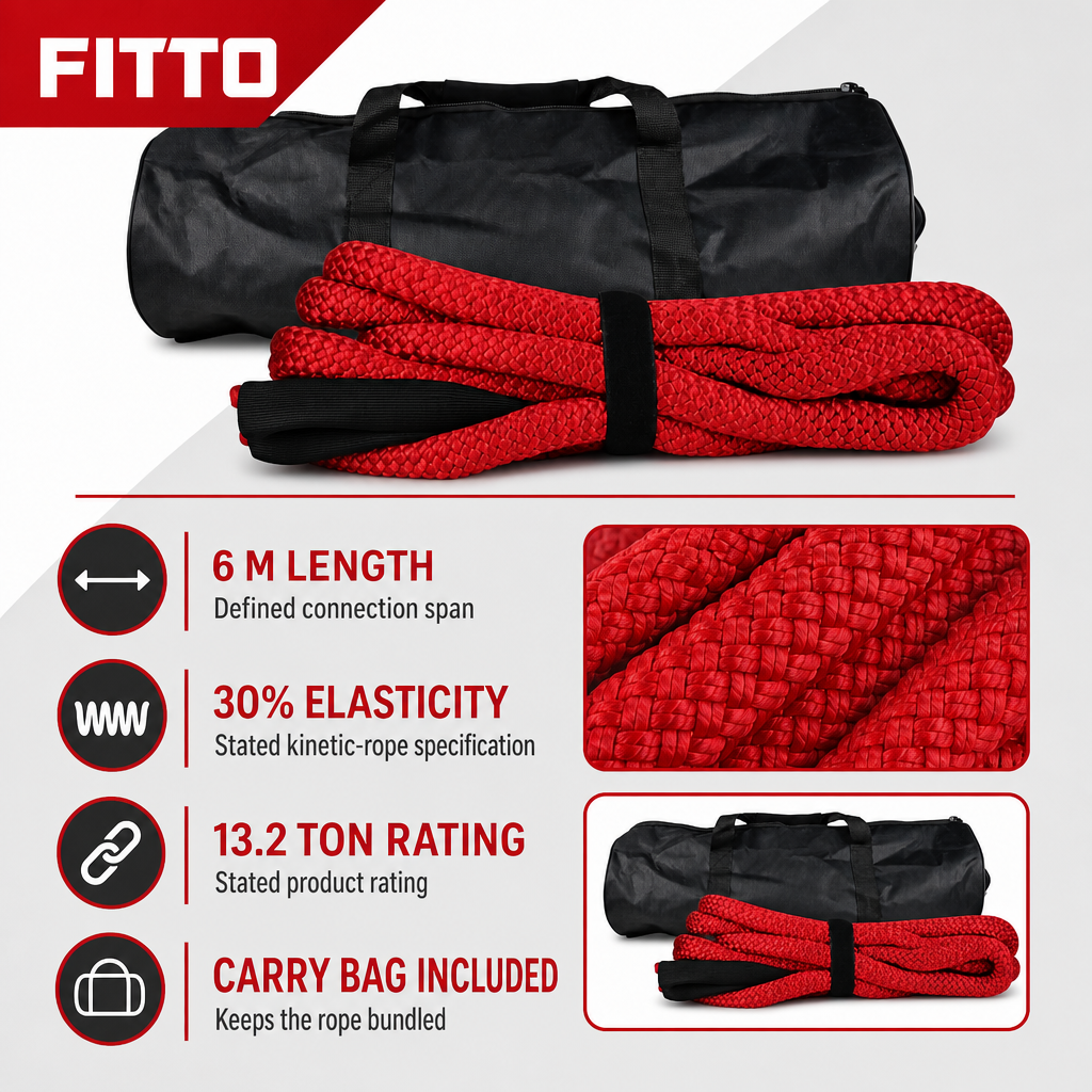 48 Pieces Kinetic Vehicle Recovery Tow Rope, 6 m, 13.2 Ton, 30% Elasticity, Red