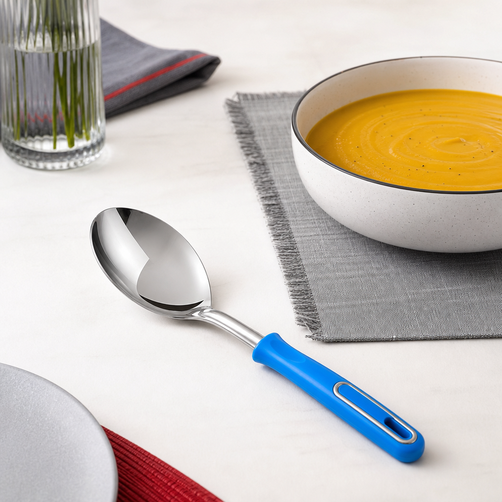144 Pieces Stainless Steel Serving Spoon with Blue Plastic Handle, 30 cm, 1 Piece