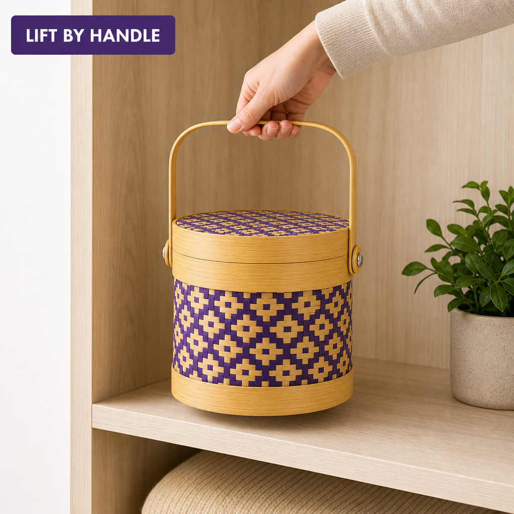 96 Pieces Round Woven Storage Box with Lid, Purple Pattern, 14 x 12 cm