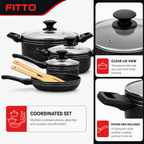 48 Pieces 7-Piece Non-Stick Cookwares Set with Glass Lids and Frying Pan, Black Granite