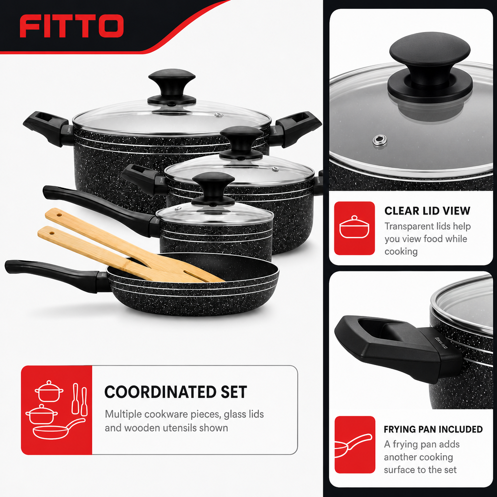 48 Pieces 7-Piece Non-Stick Cookwares Set with Glass Lids and Frying Pan, Black Granite