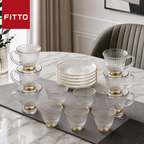 48 Pieces Clear Fluted Glass Tea and Coffee Set with Gold Accents, 18 Pieces