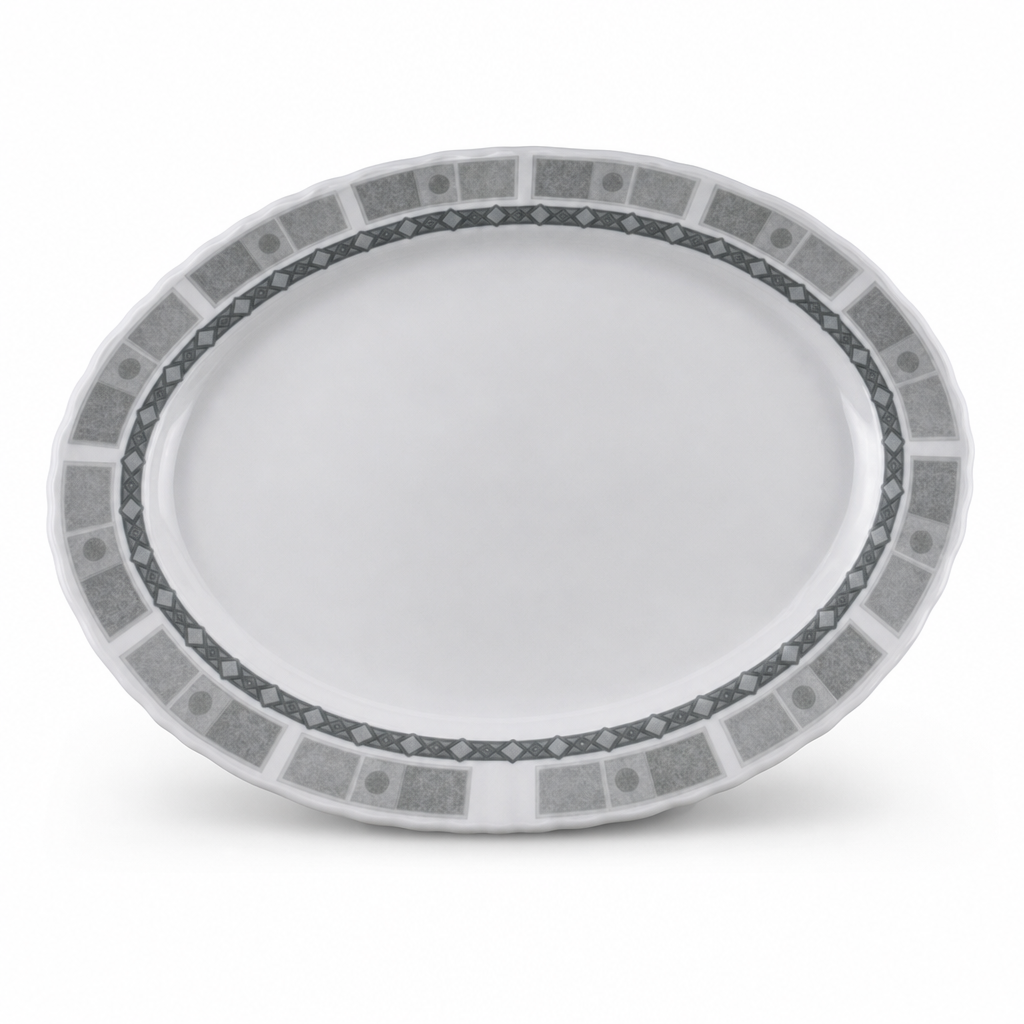 96 Pieces Melamine Wavy Oval Serving Plate, 12 Inch, Grey Geometric Border