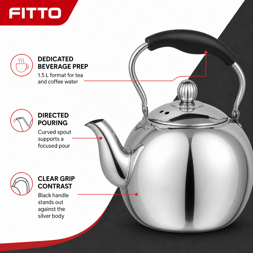48 Pieces Stainless Steel Stovetop Kettle, 1.5 L, Silver With Black Handle, 1 Piece