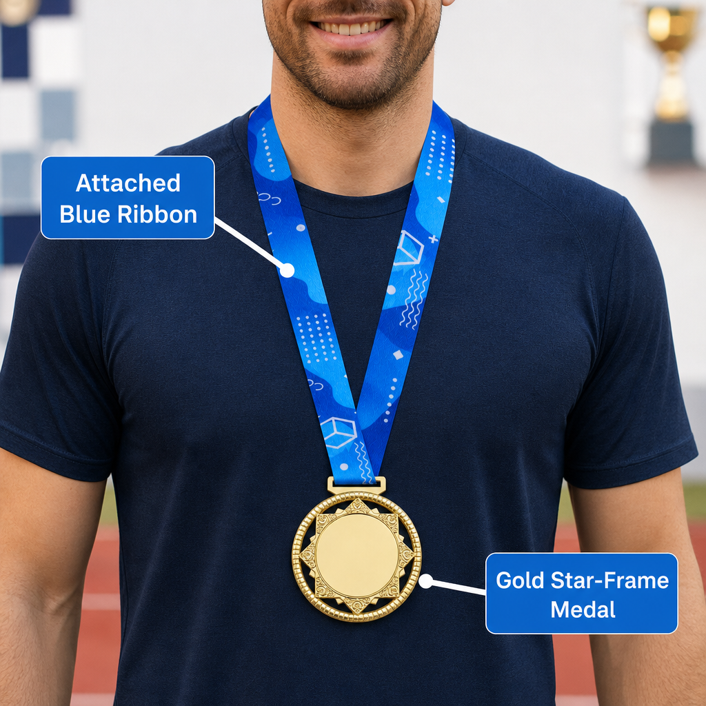 144 Pieces Star Frame Sports Medal with Blue Ribbon, Gold, 10 x 8 cm