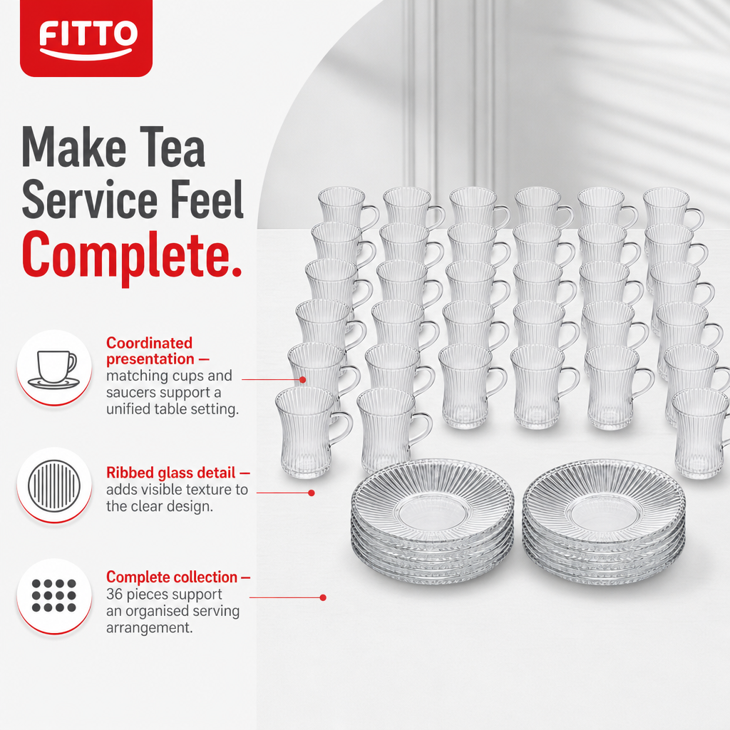 48 Pieces Ribbed Clear Glass Tea Cup and Saucer Set, 36 Pieces