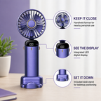 96 Pieces Purple Rechargeable Hand Fan with LED Digital Display and Desk Stand
