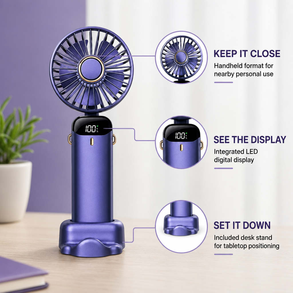 96 Pieces Purple Rechargeable Hand Fan with LED Digital Display and Desk Stand