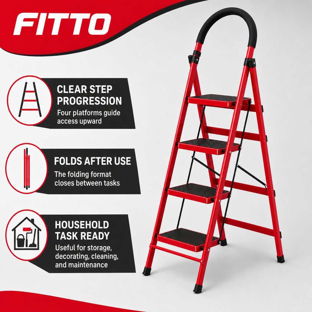 48 Pieces Folding Metal Step Ladder, 4-Step A-Frame Design, Red, 1 Piece, 141 x 44 cm