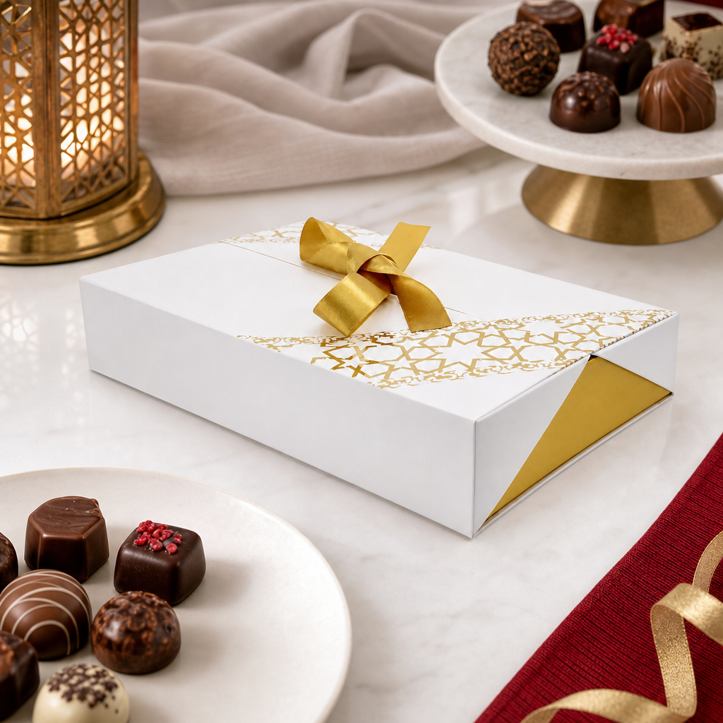 96 Pieces Chocolate Presentation Box, White Rectangular Box with Ribbon, 26.5 × 16.5 × 4.8 cm, 1 Piece