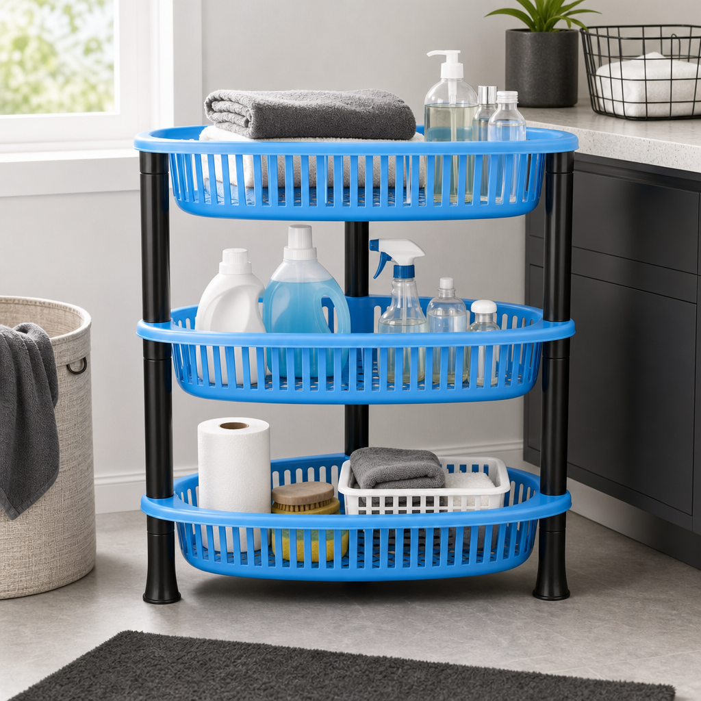 72 Pieces 3-Tier Plastic Storage Basket Rack, Light Blue and Black Vertical Organizer, 1 Unit, 50 x 35 x 18 cm