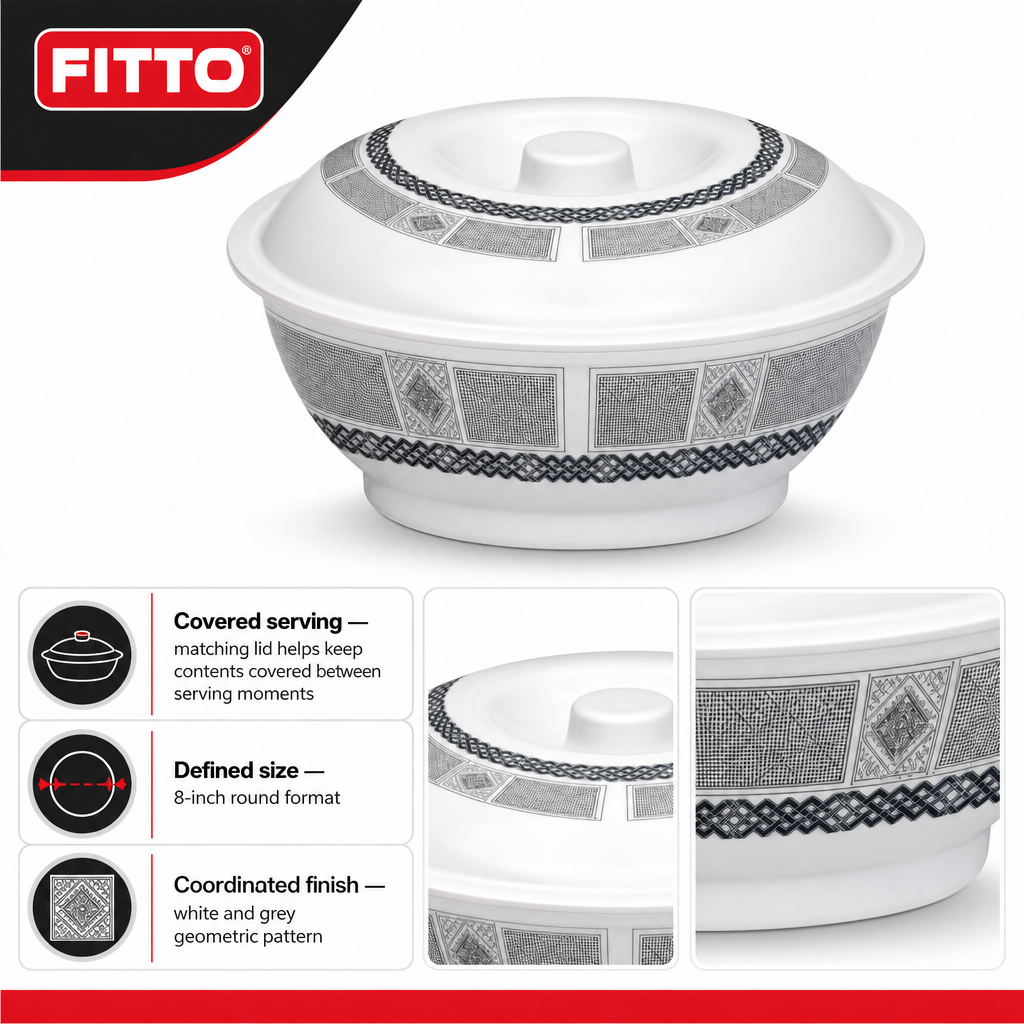 96 Pieces Melamine Bowl with Lid, 8 Inch, White and Grey Pattern