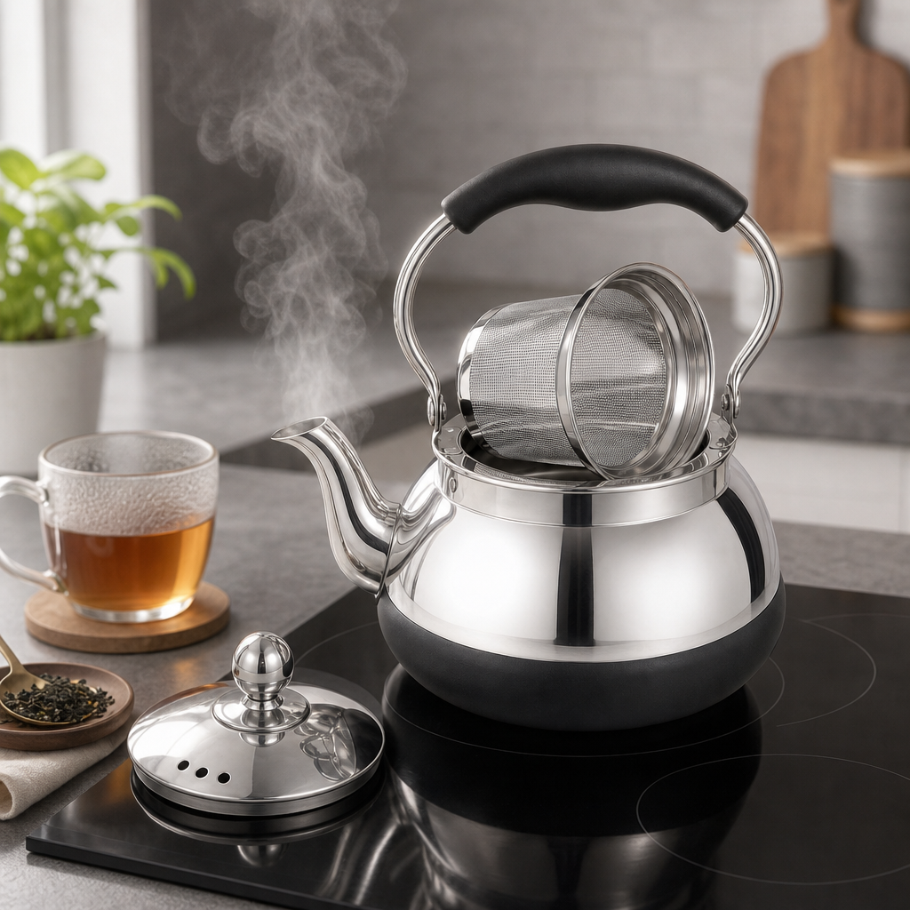 48 Pieces Stainless Steel Stovetop Kettle 1.5 L Silver and Black with Lid and Strainer, 1 Piece