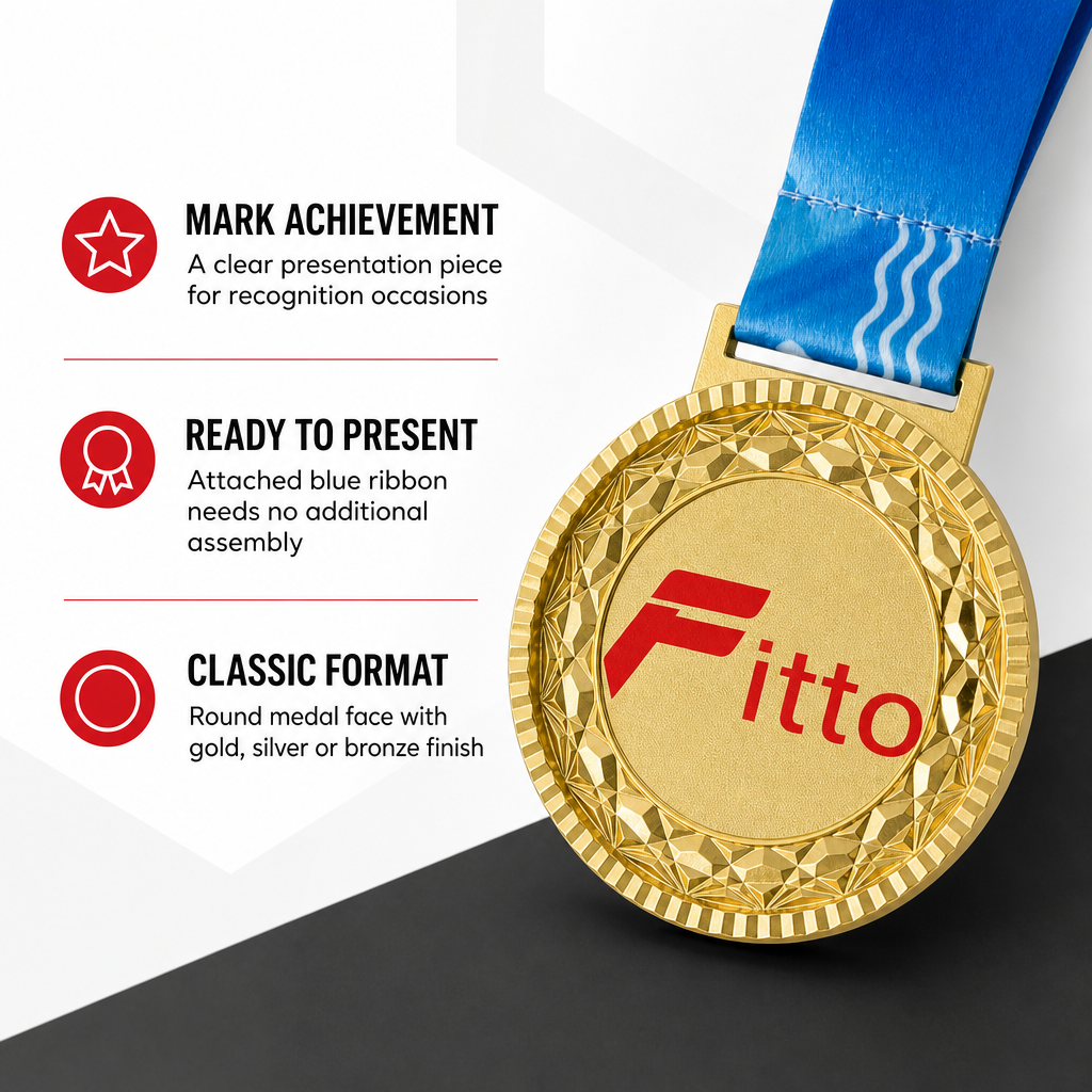 144 Pieces Award Medal with Blue Ribbon, Gold Silver or Bronze Finish, 1 Piece