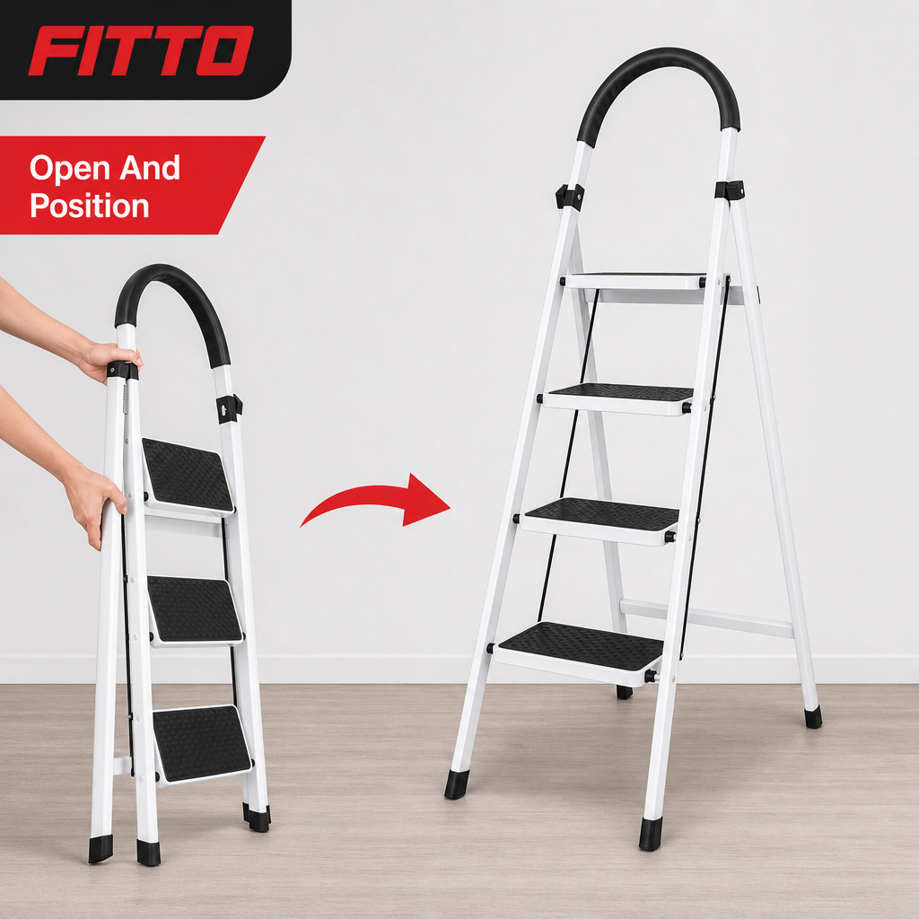 48 Pieces Folding Metal Step Ladder, 4-Step Design, White, 141 x 44 cm, 1 Piece