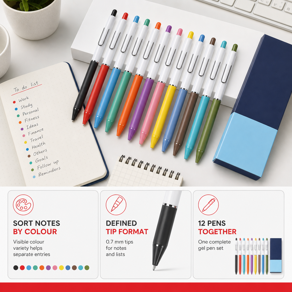72 Pieces Gel Pens, 0.7 mm Fine Tip, 12 Pieces, Multicolor Ink Pens for Notes, Lists and Office Stationery