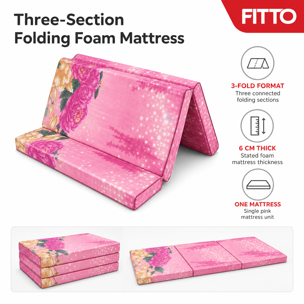 48 Pieces Folding Foam Mattresses, 3-Fold Design, 6 cm Thick, Pink