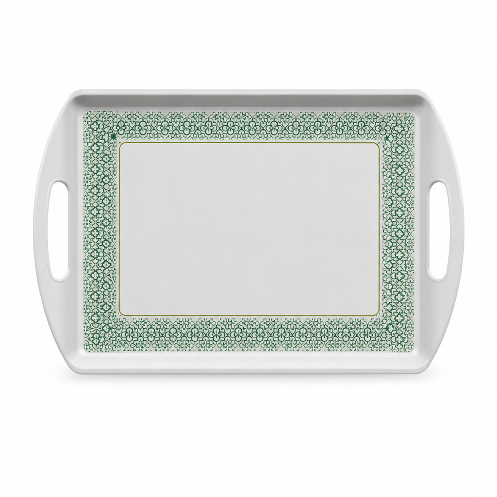 60 Pieces Rectangular Serving Trays with Double Handles, 24 Inch, Grey and Green Patterned Surface