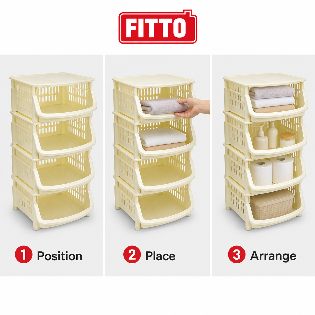 48 Pieces Storage Rack, Four-Tier Stackable Plastic Shelf with Open-Front Baskets, Cream, 55 x 43 x 25 cm