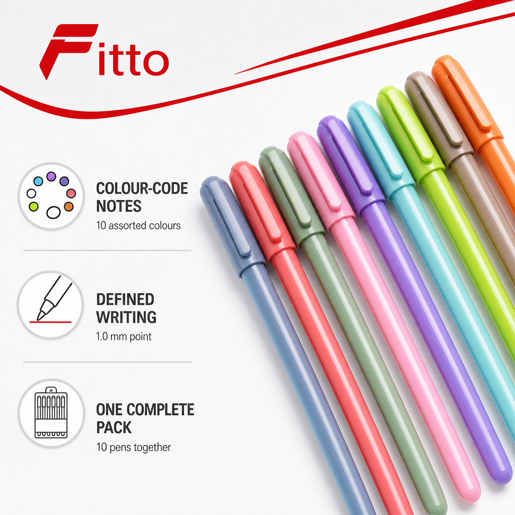 120 Pieces Ball Pens, 1.0 mm Medium Point, Assorted Colours, Pack of 10