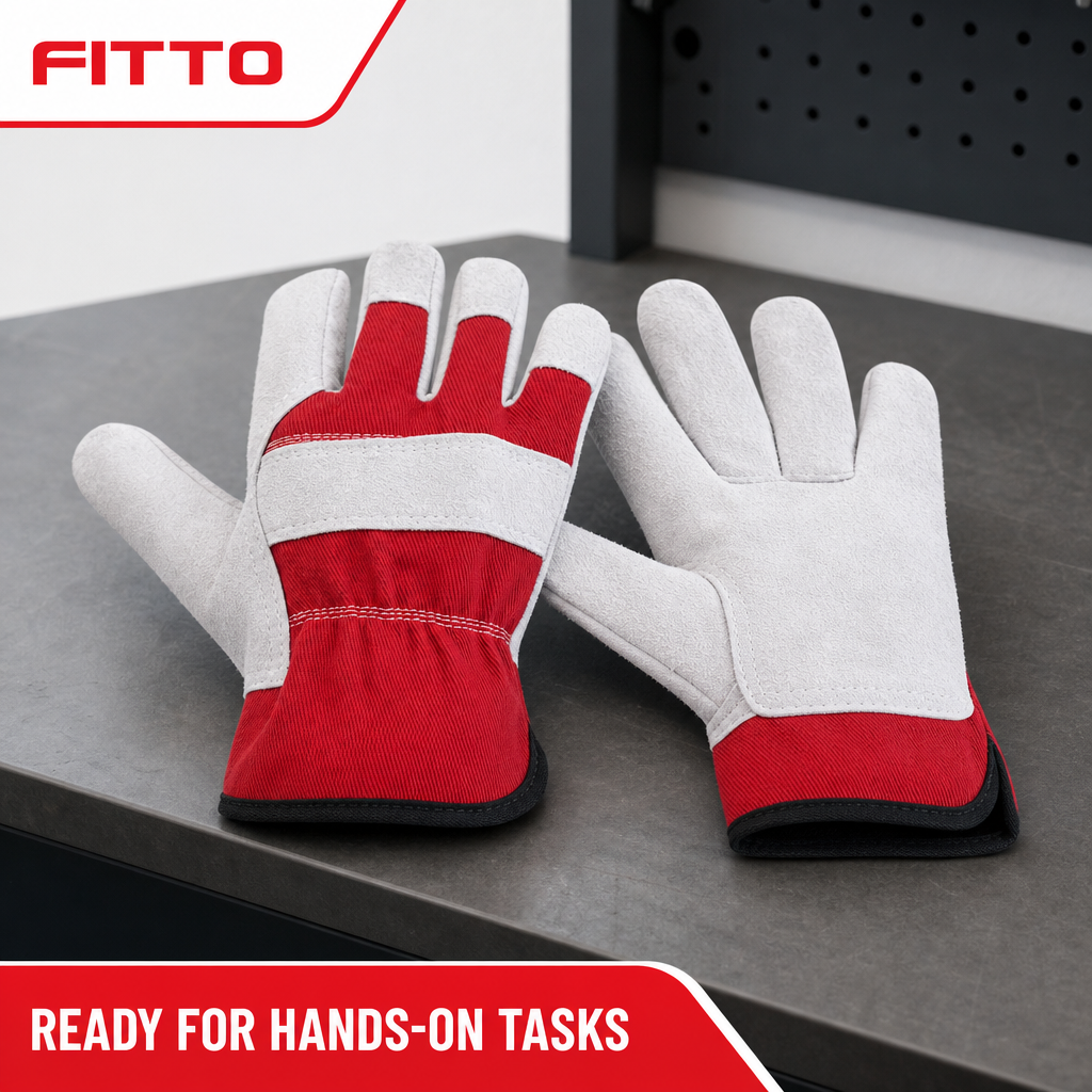48 Pieces Leather/Coated Work Gloves, 24 cm, Red and White, 1 Pair