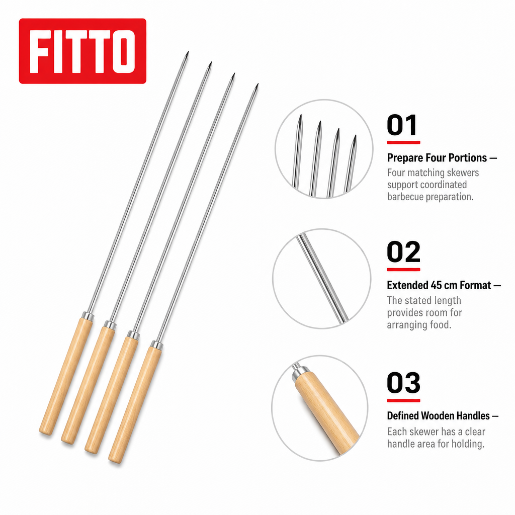 144 Pieces Stainless Steel Barbecue Skewer Set with Wooden Handles, 4-Piece, 45 cm