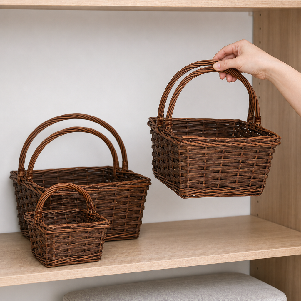 60 Pieces Rectangular Storage Basket Sets, Brown Rattan-Style Baskets with Carry Handles, 14 in, 12 in and 10 in, 3 Pieces