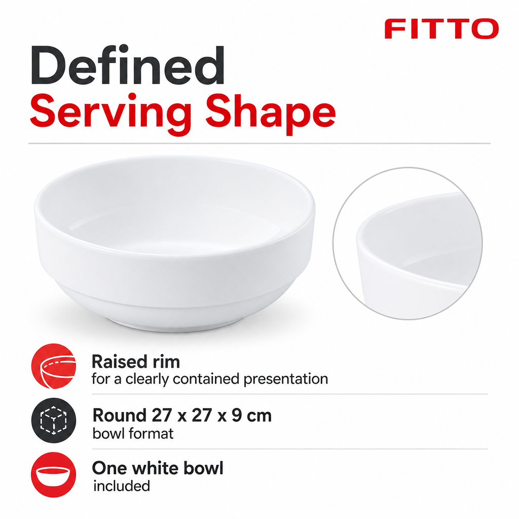120 Pieces White Round Melamine Serving Bowl with Raised Rim, 27 x 27 x 9 cm, 1 Piece