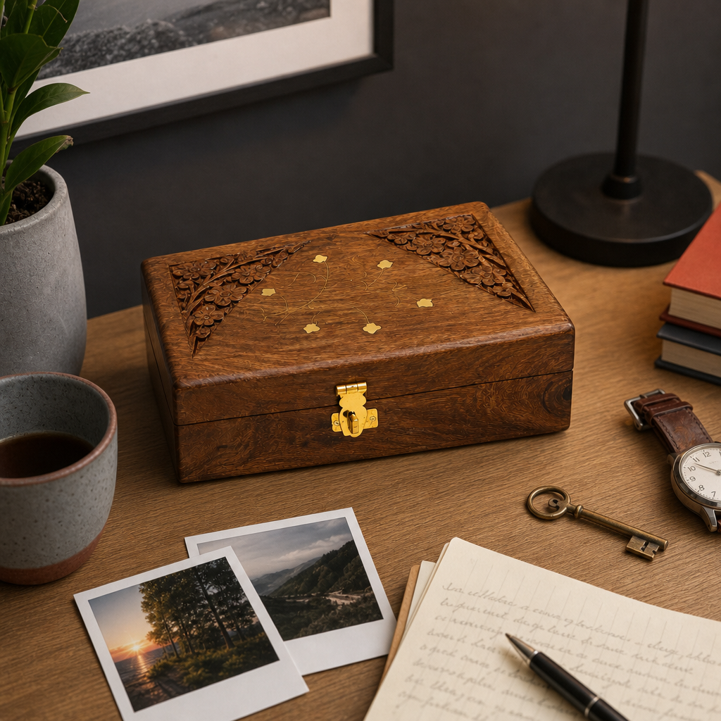 96 Pieces Carved Wooden Keepsake Box with Brass Latch, 7 x 5 Inch