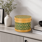96 Pieces Round Woven Storage Box with Lid, Green Geometric Pattern, 14 x 14 x 12 cm