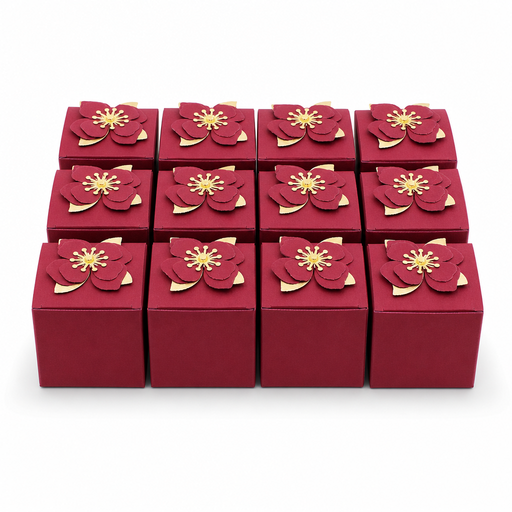 96 Pieces Paper Presentation Boxes with Floral Decoration, Maroon, 7.5 x 7.5 cm, 12 Pieces