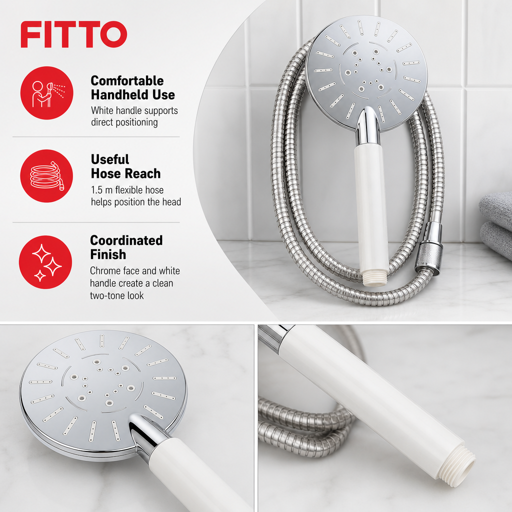 96 Pieces Chrome Hand Shower Head with White Handle and 1.5 m Flexible Hose