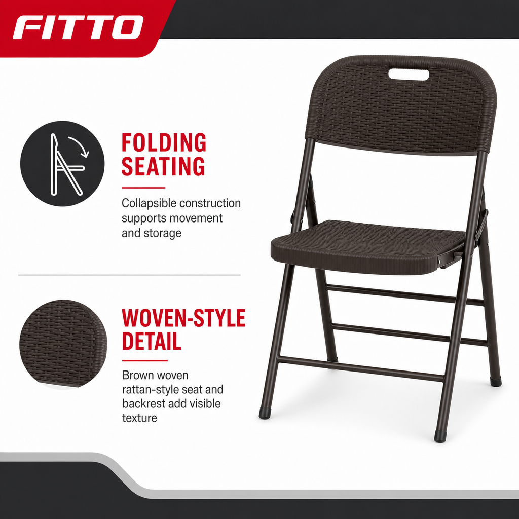 48 Pieces Folding Chair, Brown Heavy-Duty Design with Woven Rattan-Style Seat and Backrest, Single Piece