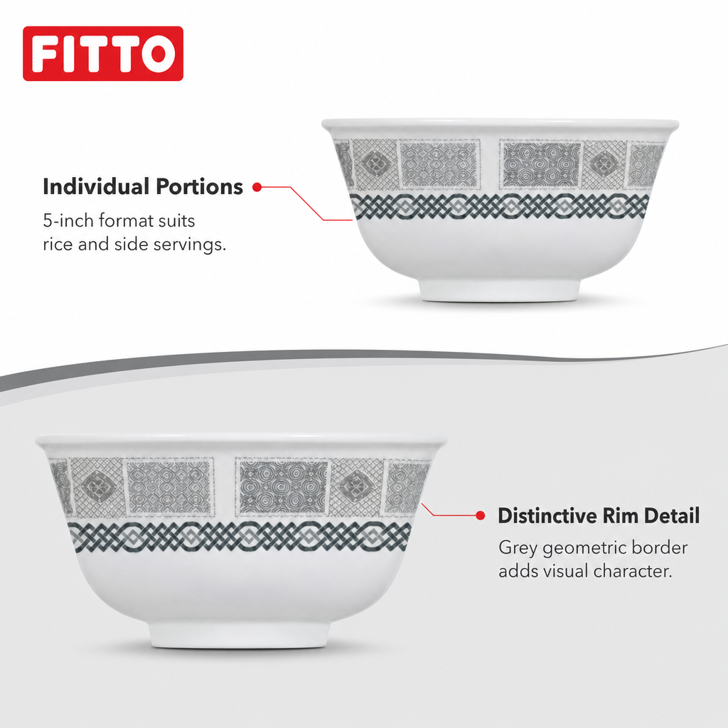 120 Pieces Melamine Rice Bowl, 5 Inch, Grey Geometric Border, Single Bowl
