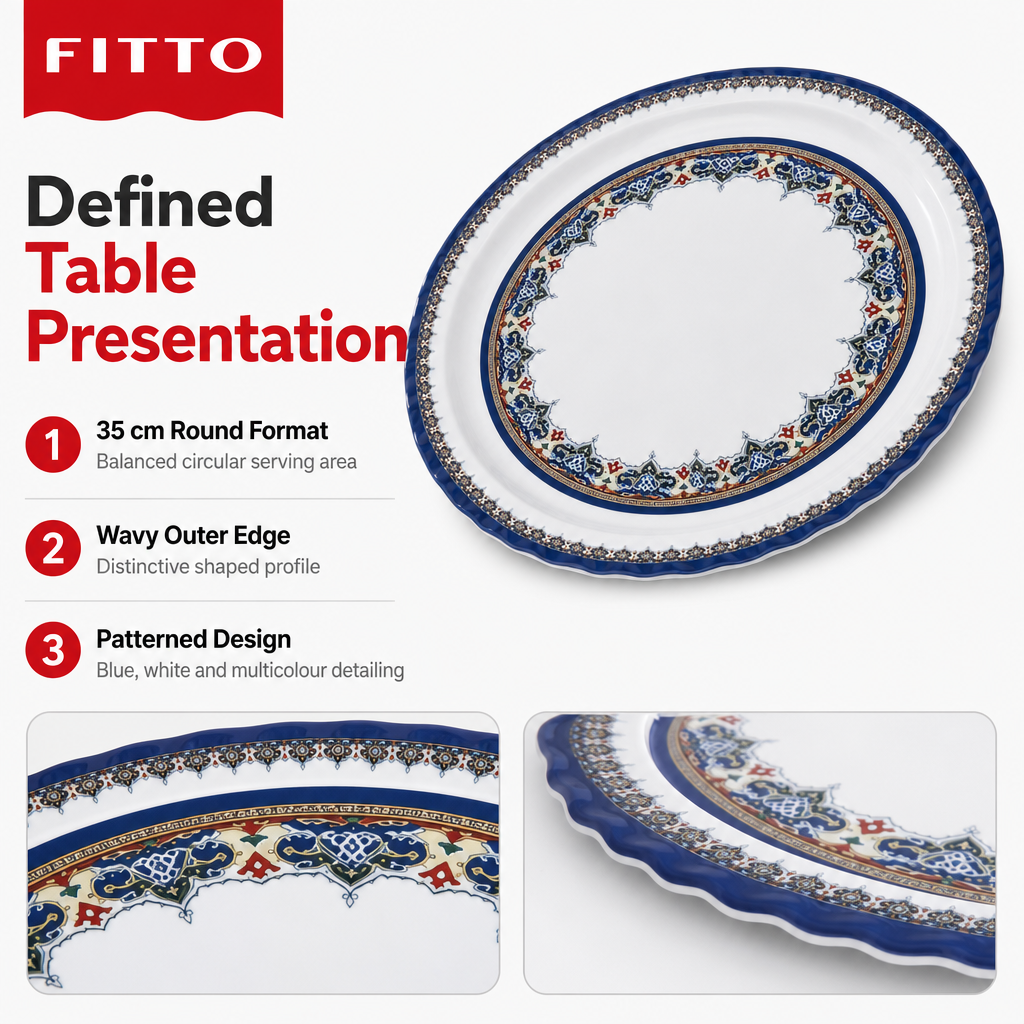 96 Pieces Melamine Round Serving Trays, Wavy Edge, 35 cm, Patterned Design